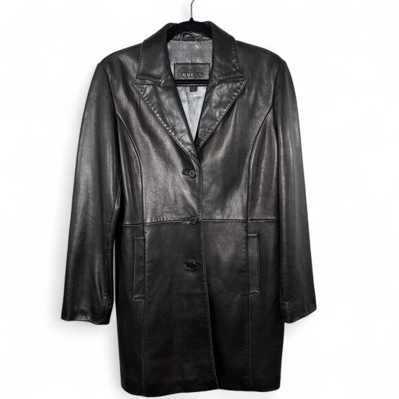 Vintage 90s Guess Genuine Leather Longline Blazer Coat‎ Jacket Black Medium Y2K - Picture 1 of 13